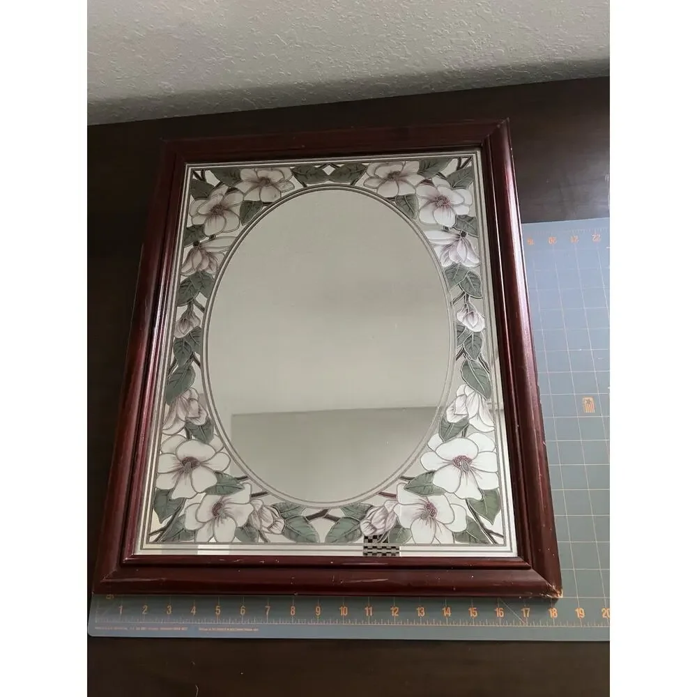 Vtg Romantic Etched Floral Flower Magnolia Oval Mirror Wood Frame Granny Retro